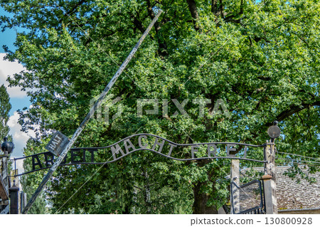 Auschwitz Birkenau Concentration and Extermination Camp. Entrance with registration, work sets you free. Auschwitz Birkenau Concentration and Extermination Camp. Entrance with registration, work sets you free. 130800928