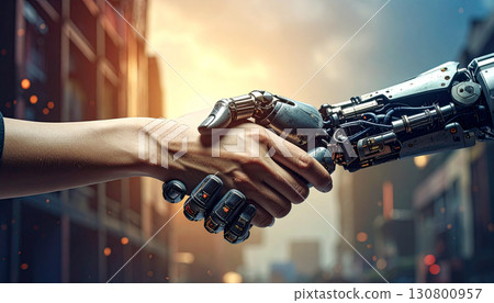 Human and robot shaking hands (AI-generated image) 130800957
