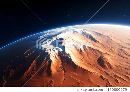 Stunning aerial view of a vast arid desert landscape with towering mountains and rugged terrain captured from the perspective of outer space 130800979