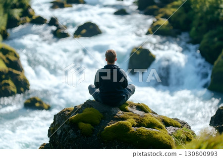 A person sits in a meditative pose on a mossy rock overlooking a cascading waterfall surrounded by the lush natural environment finding peace and tranquility in the serene setting 130800993