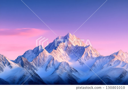 Breathtaking snow capped mountain peaks reaching into the vibrant colorful sky at sunrise creating a serene and landscape Breathtaking snow capped mountain peaks reaching into the vibrant colorful sky at sunrise creating a serene and landscape 130801010