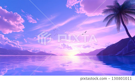 Breathtaking sunset over a tranquil tropical beach with palm trees silhouetted against the vibrant sky and reflection in the calm ocean waters 130801011