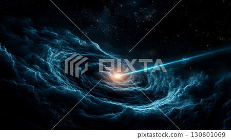 Vivid teal laser beam cutting through a dramatic swirling cosmic mist set against a starry ethereal space background 130801069