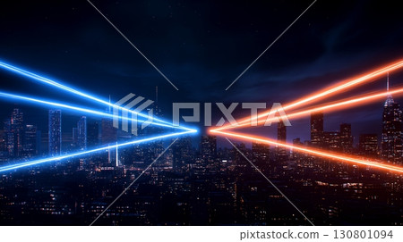 Striking night scene of a modern city skyline with intersecting blue and orange laser beams creating a dynamic and futuristic atmosphere Striking night scene of a modern city skyline with intersecting blue and orange laser beams creating a dynamic and futuristic atmosphere 130801094