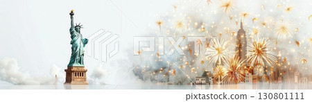 Statue of Liberty with fireworks display in the background. 130801111