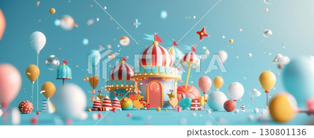 Colorful balloons and a whimsical castle float in a blue sky, creating a magical and festive atmosphere. Colorful balloons and a whimsical castle float in a blue sky, creating a magical and festive atmosphere. 130801136
