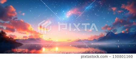 Peaceful sunset with starry sky reflected in calm water. 130801160