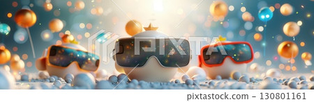 Futuristic Independence Day picnic, holographic food and decorations, family with AR glasses, bright colors, Digital, 3D rendering 130801161