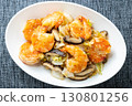 Chinese-style stir-fry of shrimp, shiitake mushrooms, and Chinese cabbage. 130801256