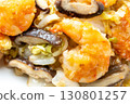 A close-up of Chinese-style stir-fried shrimp, shiitake mushrooms and Chinese cabbage. 130801257