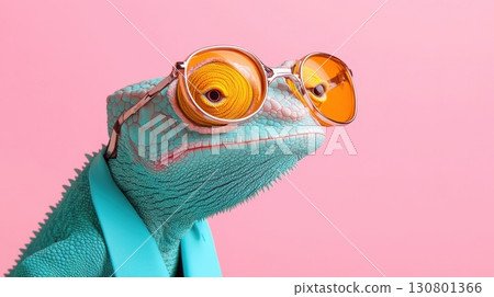 A close up portrait of a curious chameleon wearing a pair of bright orange sunglasses against a vibrant pink background A close up portrait of a curious chameleon wearing a pair of bright orange sunglasses against a vibrant pink background 130801366