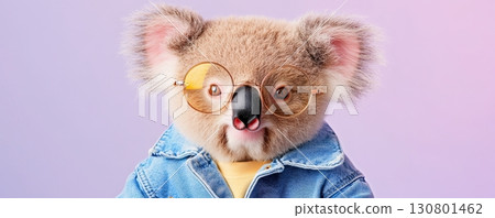 Cute fuzzy koala wearing a denim jacket and round glasses smiling playfully in a minimalist studio setup against a soft pastel backdrop  The adorable 130801462