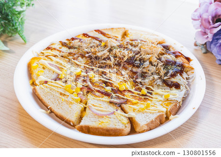 Pizza okonomiyaki style with bread 130801556