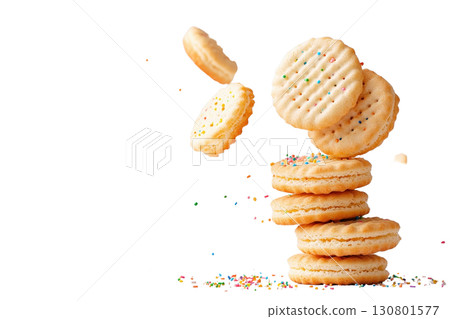 Delectable miniature sandwich biscuits or cookies with a vibrant array of colorful sprinkles cascading onto a plain white background Delectable miniature sandwich biscuits or cookies with a vibrant array of colorful sprinkles cascading onto a plain white background 130801577