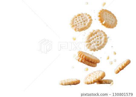 Delectable golden butter cookies gracefully tumbling and levitating against a clean crisp blue background capturing the essence of a simple yet tempting dessert or snack in a minimalist Delectable golden butter cookies gracefully tumbling and levitating against a clean crisp blue background capturing the essence of a simple yet tempting dessert or snack in a minimalist 130801579
