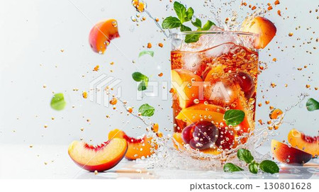 Refreshing iced tea with peach, mint, and cherry. 130801628