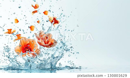 Water splashing around orange and white flowers. 130801629