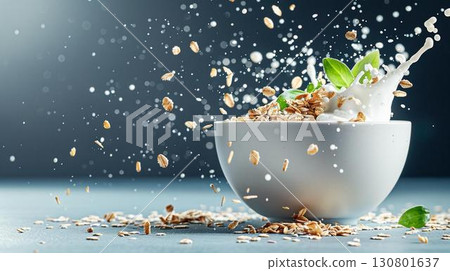 Bowl of oatmeal with milk splash and scattered oats on a blue background 130801637