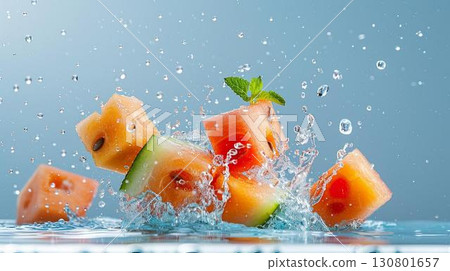 Watermelon cubes splashing in water, fresh and delicious. 130801657