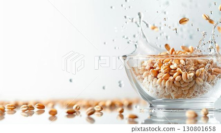 Wheat kernels splashing into a glass bowl, creating a dynamic visual. Wheat kernels splashing into a glass bowl, creating a dynamic visual. 130801658