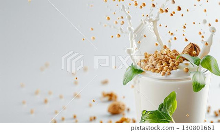 Almond milk splash with nuts and leaves on white background. 130801661