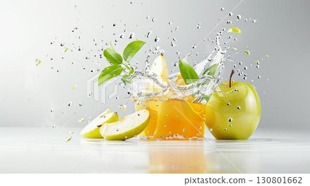 Fresh green apples with water splash and leaves. Fresh green apples with water splash and leaves. 130801662