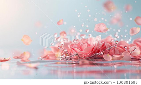 Pink rose flower petals falling into water with splash. 130801693
