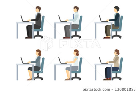 平面插圖:穿著西裝的男士和女士在電腦上工作(側視圖) 平面插圖:穿著西裝的男士和女士在電腦上工作(側視圖) 130801853