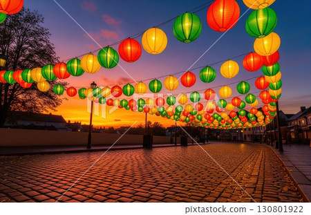 Golden leaves scattered beneath glowing lanterns strung across cobblestone street in warm autumn sunset light 130801922