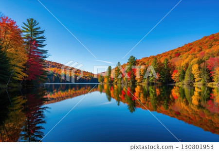 Scenic lake with autumn trees and clear sky shows nature???s balance, serenity, and colorful seasonal atmosphere 130801953