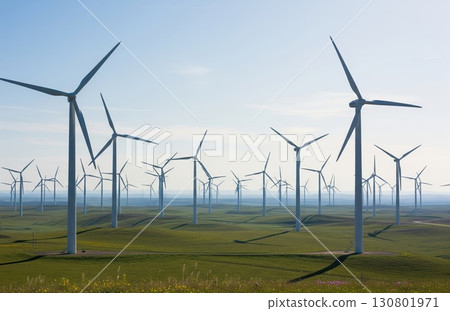 Wind farm with tall turbines turning slowly under bright clear sky horizon symbolizing renewable energy sustainability hope and clean modern environmental technology future Wind farm with tall turbines turning slowly under bright clear sky horizon symbolizing renewable energy sustainability hope and clean modern environmental technology future 130801971
