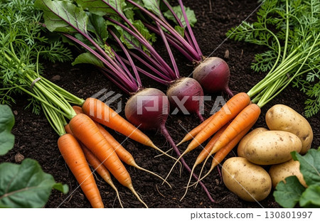 Rustic autumn garden with root vegetables in soil celebrates eco lifestyle, clean food production and nature???s cycle of abundance 130801997