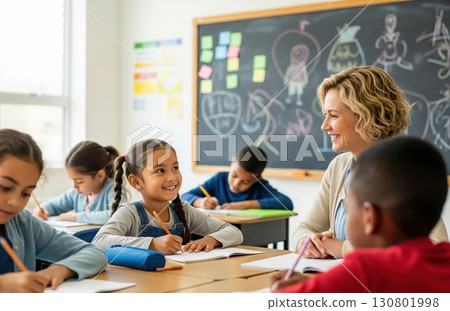 Young student at desk smiles while classmates and teacher work together in cheerful educational environment with school supplies 130801998