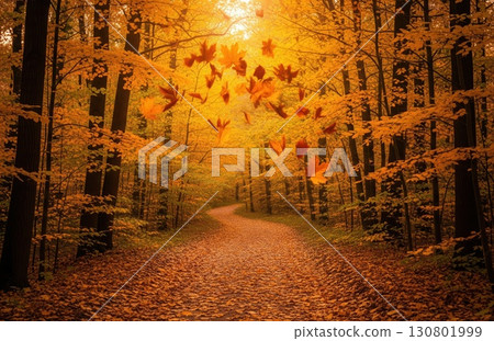 Colorful autumn leaves float above woodland path lit by sunset glow, evoking fleeting seasonal charm and tranquil outdoor beauty 130801999
