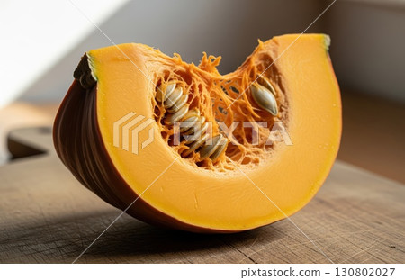 Rustic wooden cutting board with single pumpkin slice lit from side to reveal skin texture in calm natural atmosphere 130802027