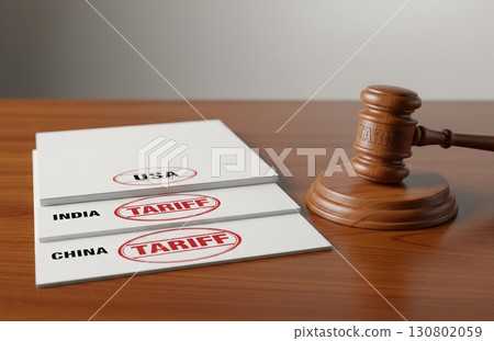 Stamped tariff papers and wooden gavel Stamped tariff papers and wooden gavel 130802059