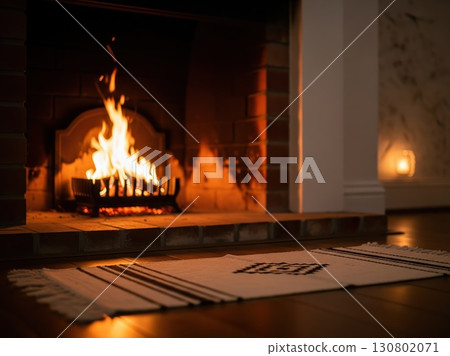 Small fire burning inside brick fireplace with warm glow filling the room and minimal cozy interior Small fire burning inside brick fireplace with warm glow filling the room and minimal cozy interior 130802071