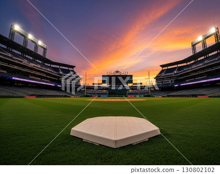 Baseball field under golden evening sky with home plate visible and stadium bathed in soft light before game begins Baseball field under golden evening sky with home plate visible and stadium bathed in soft light before game begins 130802102