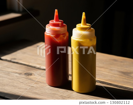 Squeeze bottles of ketchup and mustard on rustic wood, vibrant red and yellow contrast with textured table in bright nostalgic scene 130802112