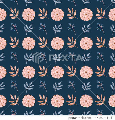 Seamless vector pattern with pumpkin, foliage and berries in delicate pink and blue tones on a dark blue background. Background for childrens fabric and decor for autumn. Pastel shades. Vector Seamless vector pattern with pumpkin, foliage and berries in delicate pink and blue tones on a dark blue background. Background for childrens fabric and decor for autumn. Pastel shades. Vector 130802191