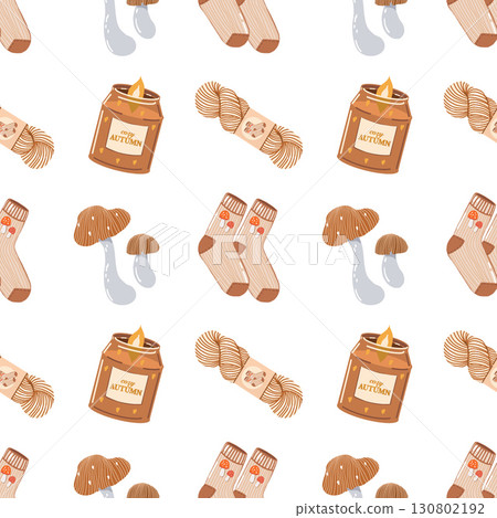 Warm cozy atmosphere of autumn seamless pattern. Knitted socks, aromatic candles, mushrooms, yarn. Colorful background with autumn elements and attributes. Fall pattern. Cute autumn mood print for Warm cozy atmosphere of autumn seamless pattern. Knitted socks, aromatic candles, mushrooms, yarn. Colorful background with autumn elements and attributes. Fall pattern. Cute autumn mood print for 130802192