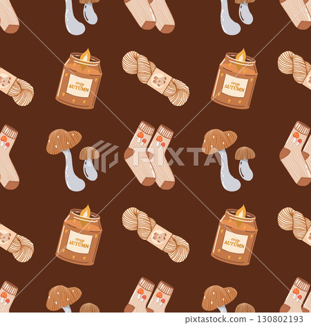 Warm cozy atmosphere of autumn seamless pattern. Knitted socks, aromatic candles, mushrooms, yarn. Colorful background with autumn elements and attributes. Fall pattern. Cute autumn mood print for Warm cozy atmosphere of autumn seamless pattern. Knitted socks, aromatic candles, mushrooms, yarn. Colorful background with autumn elements and attributes. Fall pattern. Cute autumn mood print for 130802193