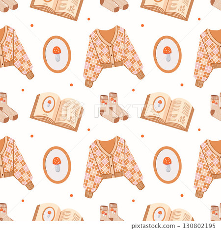 Warm cozy atmosphere of autumn seamless pattern. Sweater, knitted socks, autumn clothes, mushrooms, books. Colorful background with autumn elements and attributes. Cute autumn mood print for textiles Warm cozy atmosphere of autumn seamless pattern. Sweater, knitted socks, autumn clothes, mushrooms, books. Colorful background with autumn elements and attributes. Cute autumn mood print for textiles 130802195
