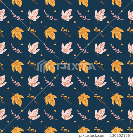 Autumn leaves pattern. Seamless background with falling leaves and berries in pink and yellow colors on dark blue background. Autumn mood print for textile or wrapping paper. Vector illustration. 130802196