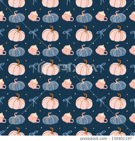 Seamless autumn pattern with hand drawn pink and blue pumpkins and bows on dark blue background. Cute cozy autumn background. Decorative pumpkins. Pastel colors. Vector illustration. Halloween pattern 130802197