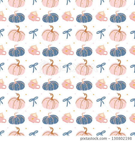 Seamless autumn pattern with hand drawn pink and blue pumpkins and bows on white background. Cute cozy autumn background. Decorative pumpkins. Pastel colors. Vector illustration. Halloween pattern Seamless autumn pattern with hand drawn pink and blue pumpkins and bows on white background. Cute cozy autumn background. Decorative pumpkins. Pastel colors. Vector illustration. Halloween pattern 130802198