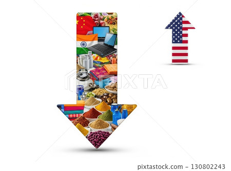 Large downward arrow filled with Indian and Chinese products beside smaller US flag arrow rising, symbolizing contrasting trade dynamics and strategic international economy 130802243
