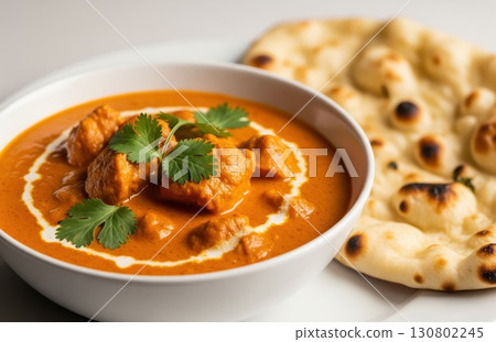Butter chicken in creamy orange sauce garnished with cilantro, served with warm naan bread on white plate under soft light background 130802245