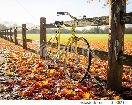 A rustic autumn bicycle scene with scattered leaves, leaning bike against fence, and warm sunlight creating a sense of freedom and calm 130802304