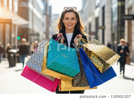 Smiling woman walking with colorful shopping bags in bright urban outdoor environment Smiling woman walking with colorful shopping bags in bright urban outdoor environment 130802307